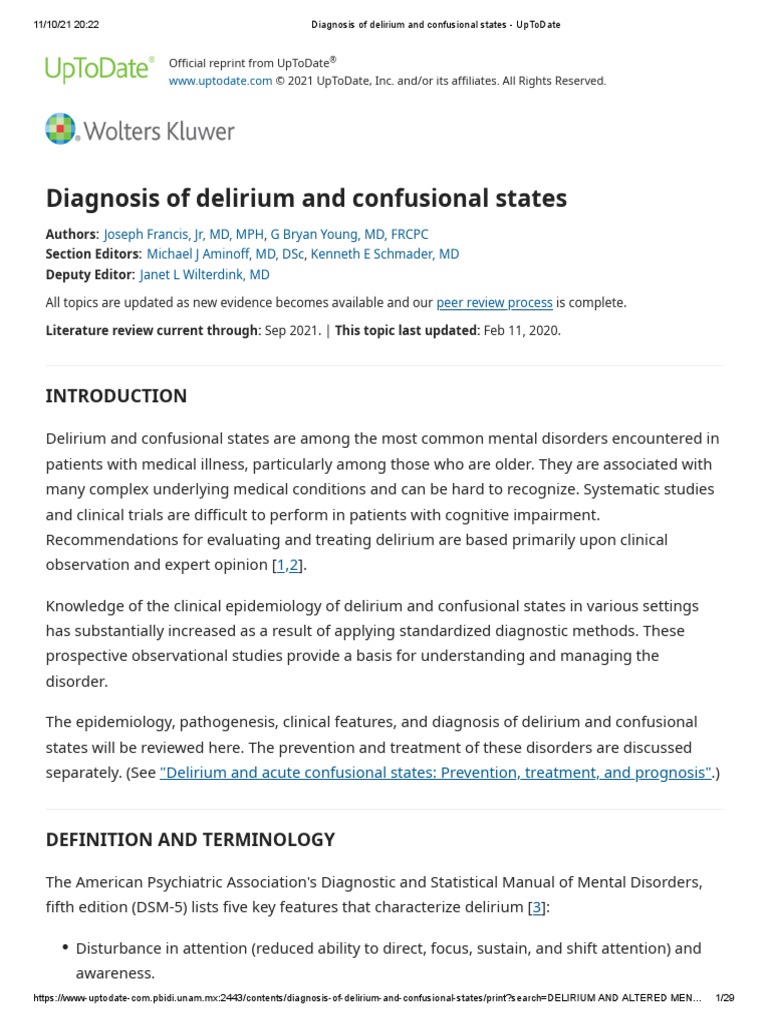 Diagnosis of Delirium and Confusional States UpToDate PDF Dementia Meningitis