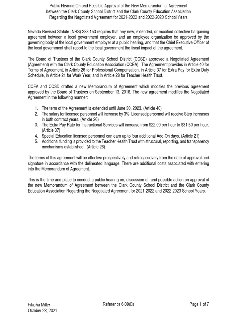 10.28.21 Ref. 6.08 CCSD MOA CCEA (B) | PDF | Salary | Nursing