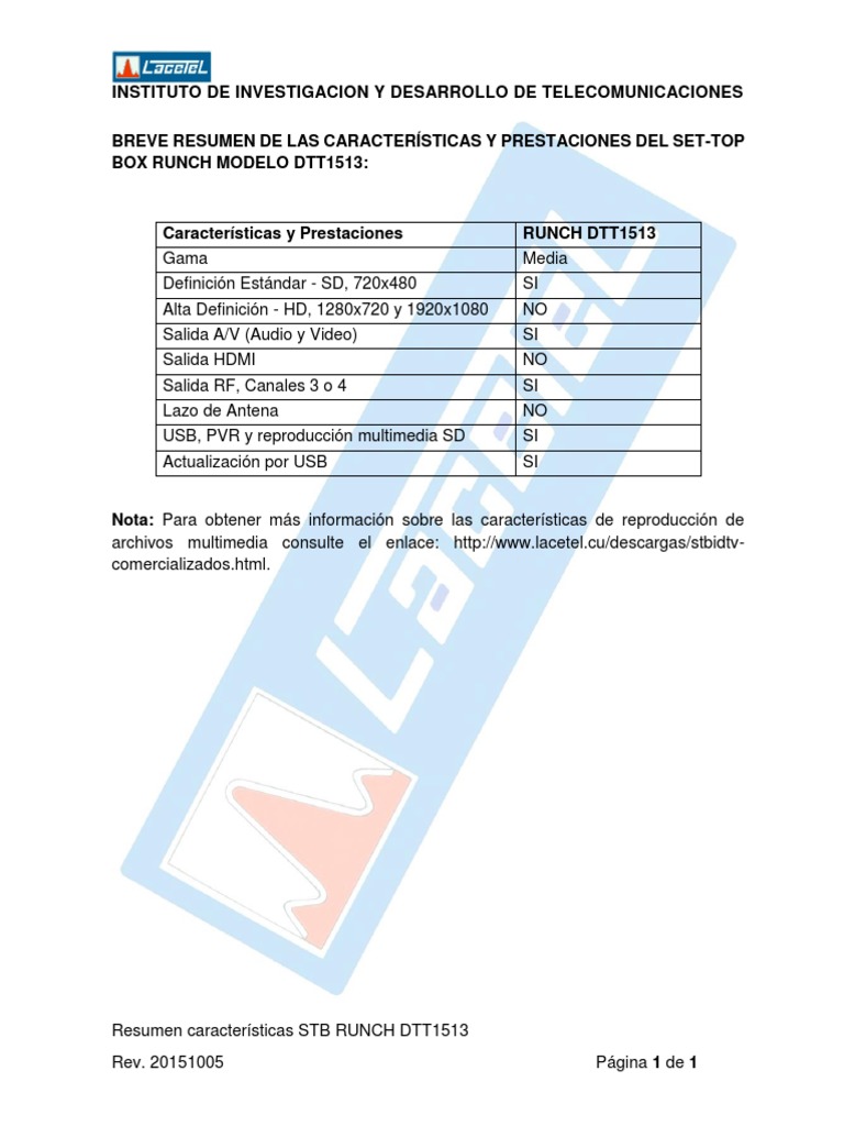 99663-Resumen Caracteristicas STB Runch Dtt1513 | PDF