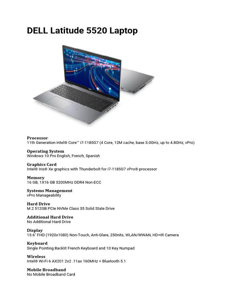 DELL Latitude 5520 Laptop Tech Specs PDF
