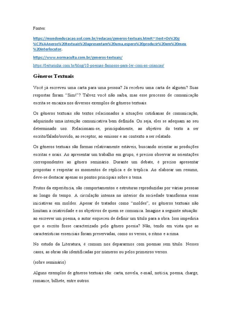 Entenda os Gêneros Textuais e Suas Variações | PDF | Poesia | Comunicação