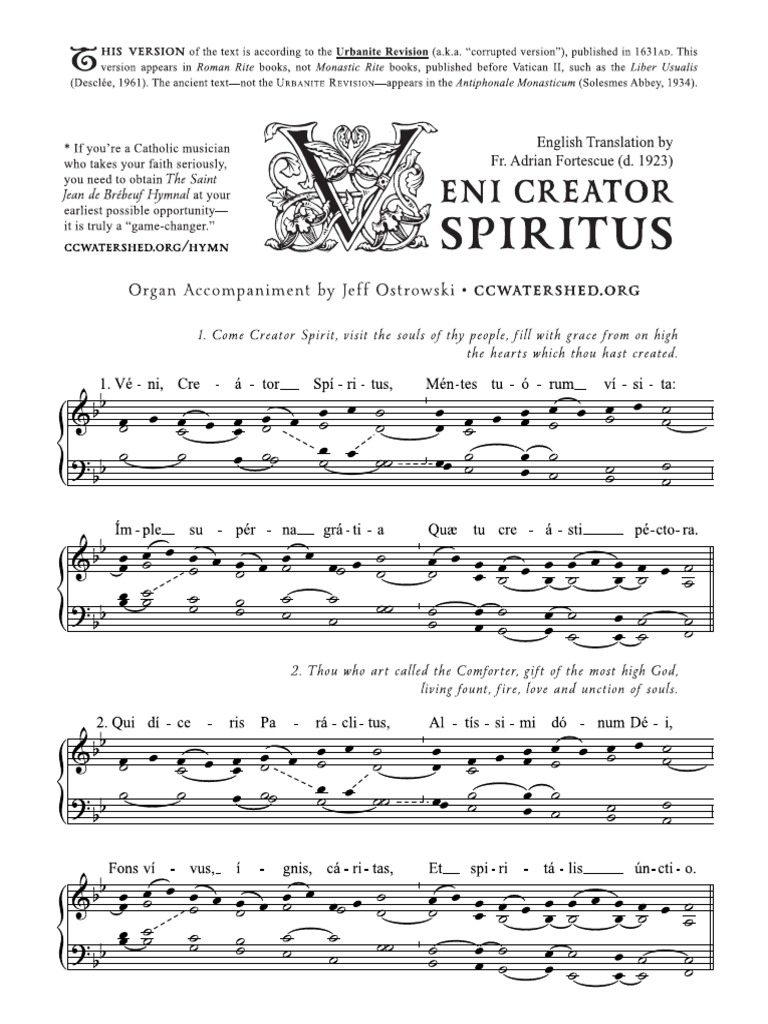 A PDF image for Veni Creator Spiritus, showing the sheet music pages and musical notation for the hymn