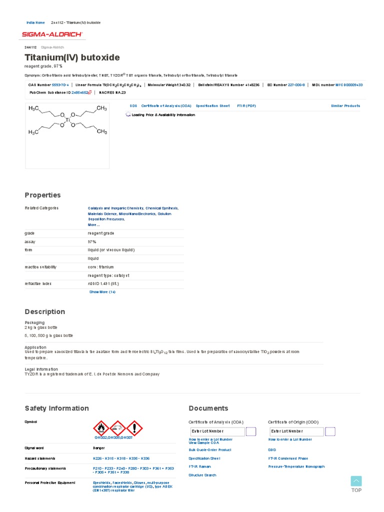 Titanium (IV) Butoxide Reagent Grade, 97 5593704 SigmaAldrich
