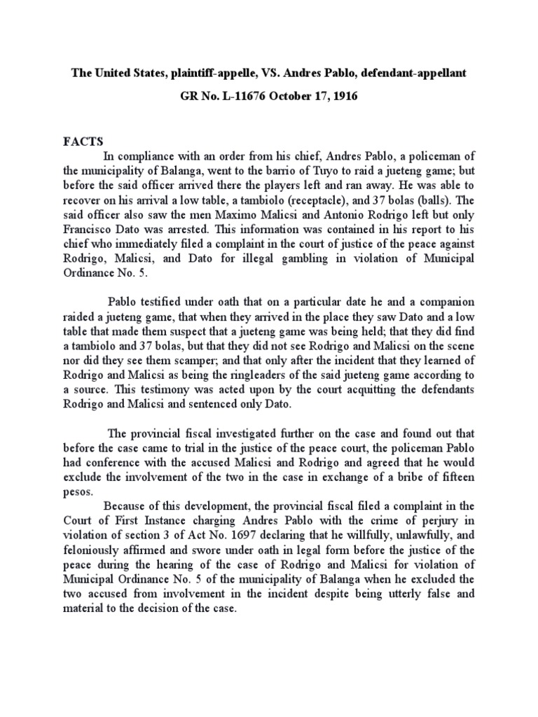 Perjury Case: U.S. v. Pablo (1916) | PDF | Perjury | Criminology