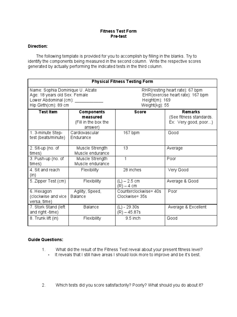 Fitness Test Form Pre-Test Direction | PDF | Heart Rate | Physical Fitness