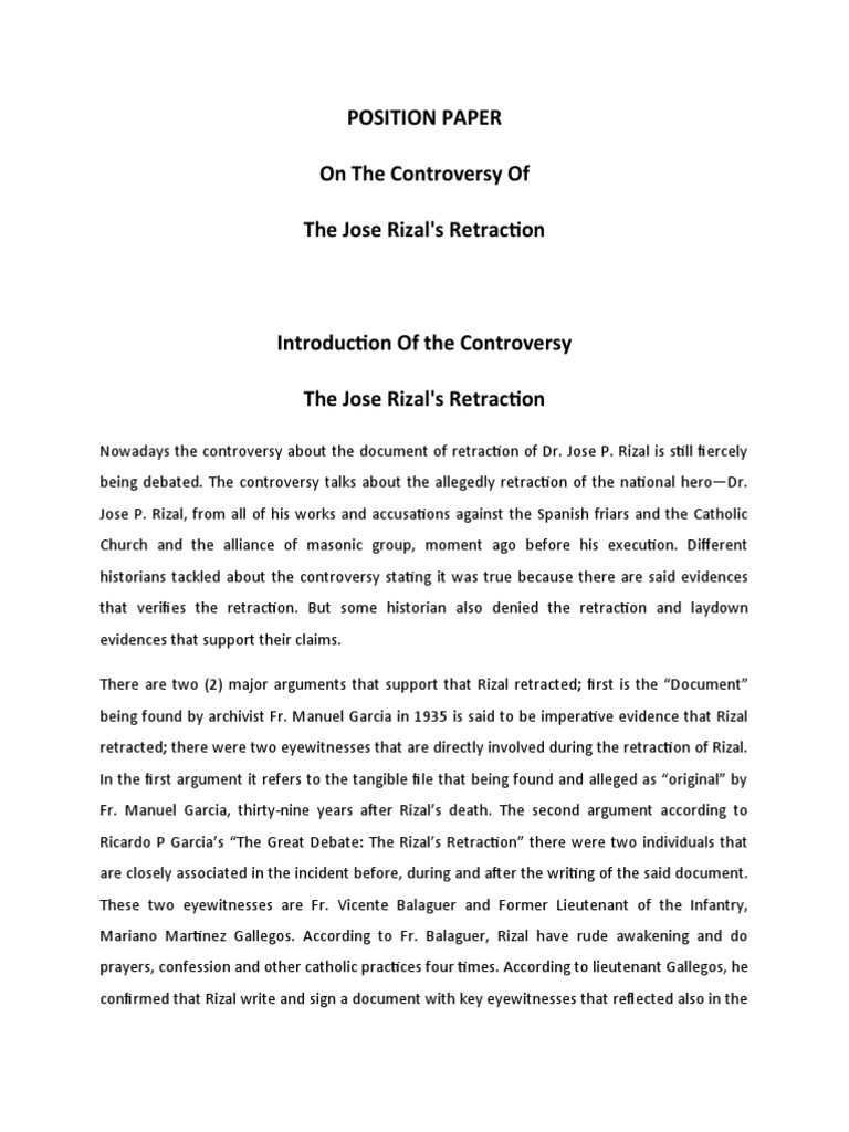 Position Paper On The Controversy of The Jose Rizal's Retraction PDF