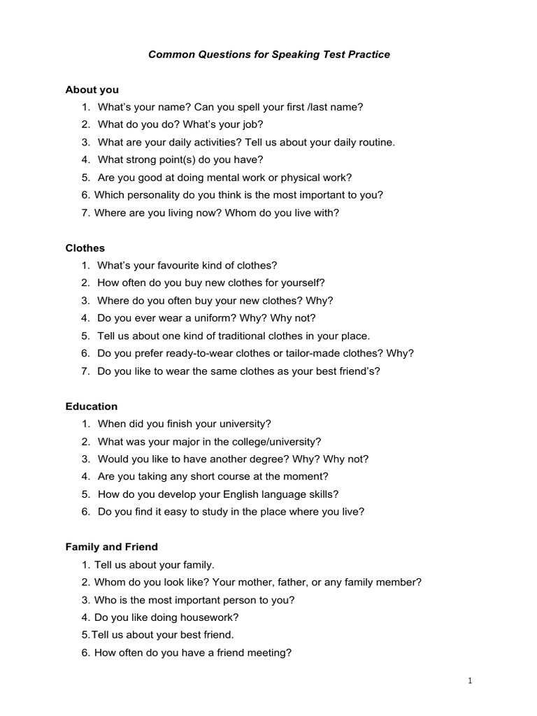 Speaking Test Practice Questions | PDF | Leisure | Human Nature