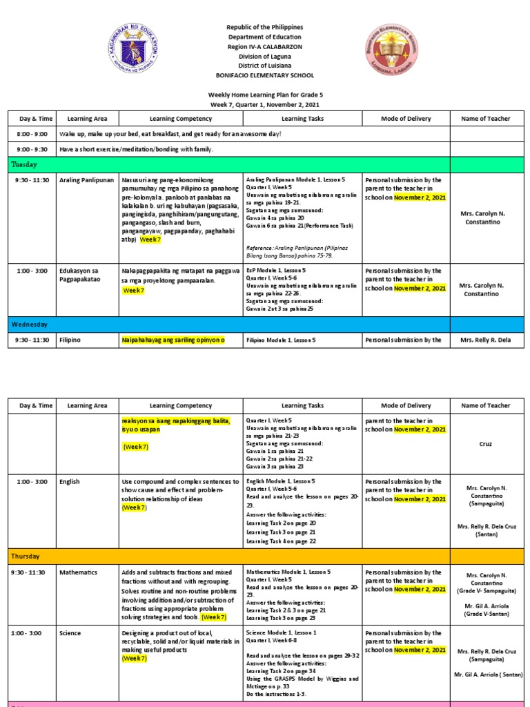 Grade 5 Weekly Learning Plan - Week 7 | PDF | Physical Education | Pedagogy