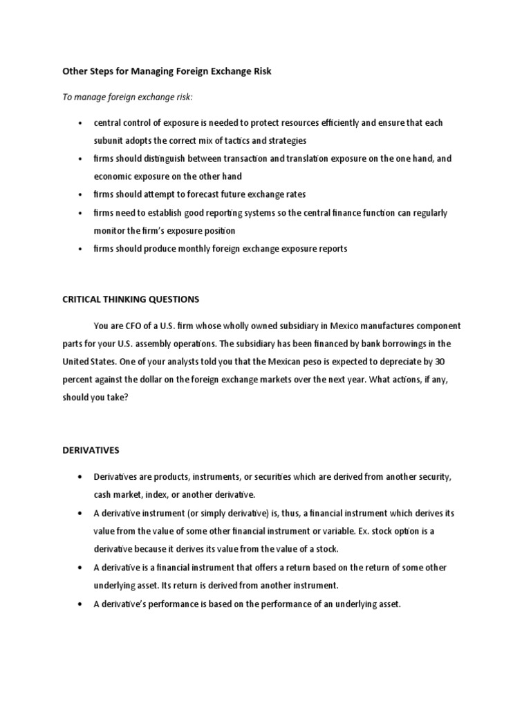 Other Steps For Managing Foreign Exchange Risk PDF