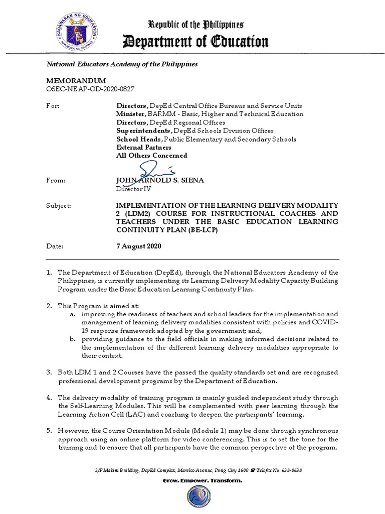 LDM2 Course Implementation Memo for Teachers | PDF