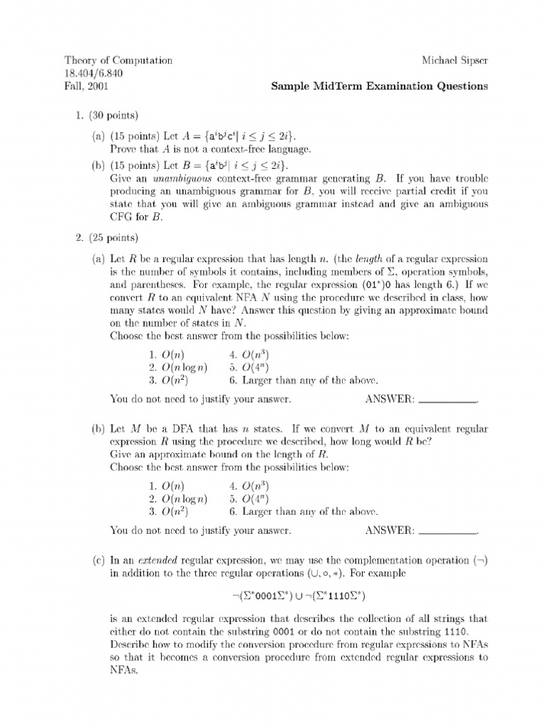 Midterm Exam Questions on Computation Theory | PDF | Teaching Methods ...