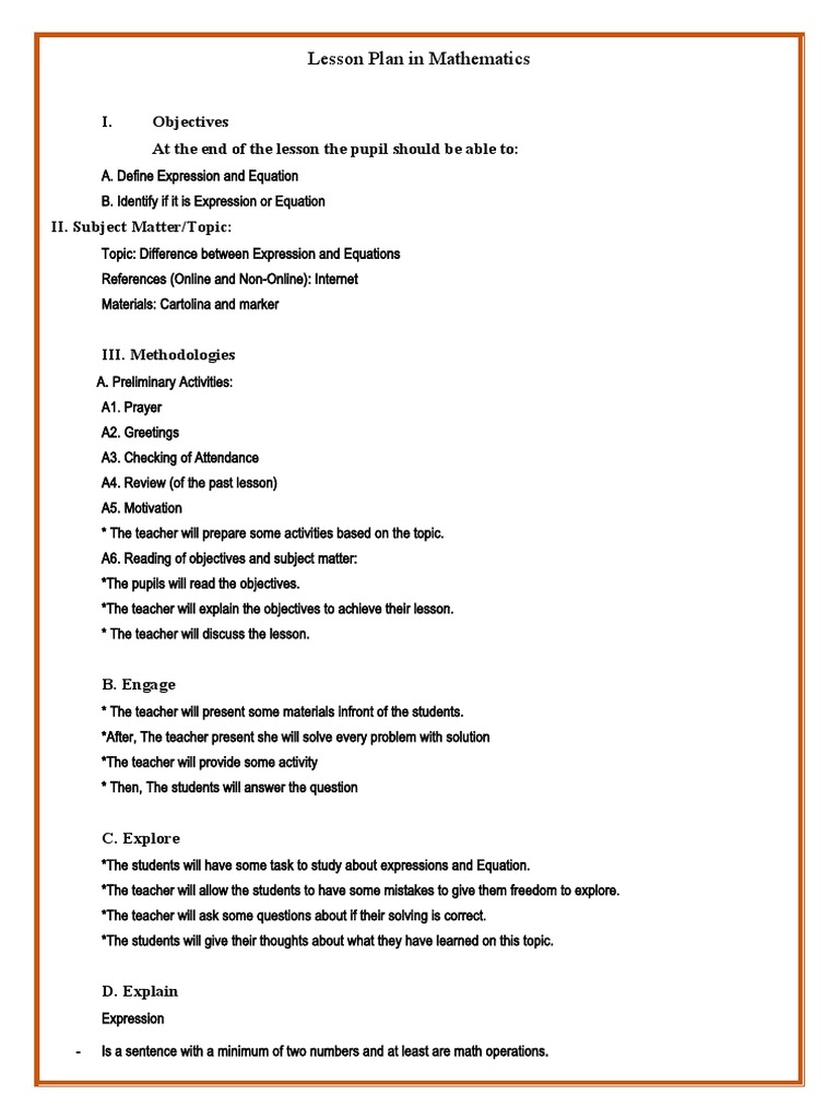 Lesson Plan in Mathematics: I. Objectives at The End of The Lesson The ...