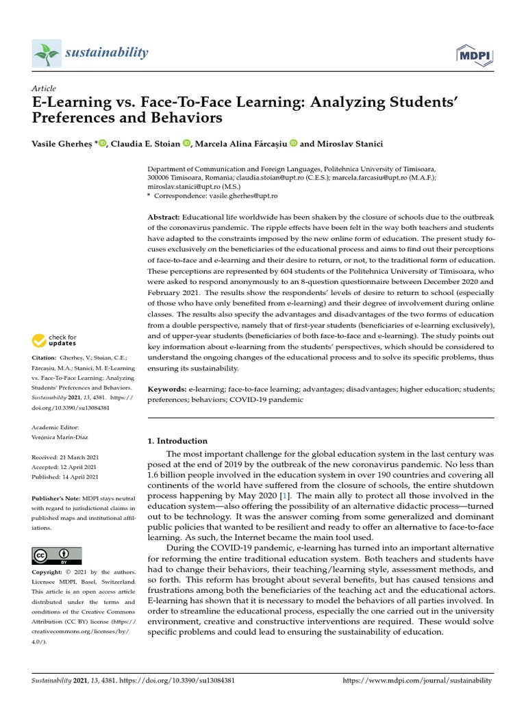 E-Learning vs. Face-To-Face Learning: Analyzing Students' Preferences ...