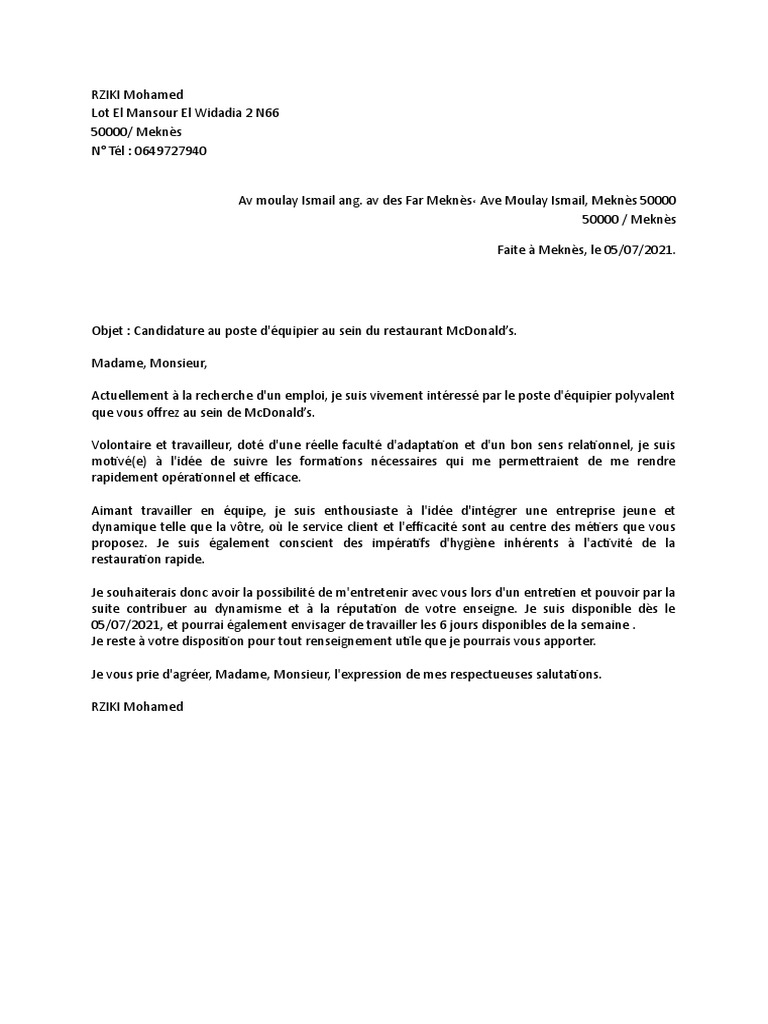 Lettre De Motivation Pour Travailler Au Mc Donald Lettre de Motivation Dans La Restauration Rapide Macdonald KFC Quick | PDF