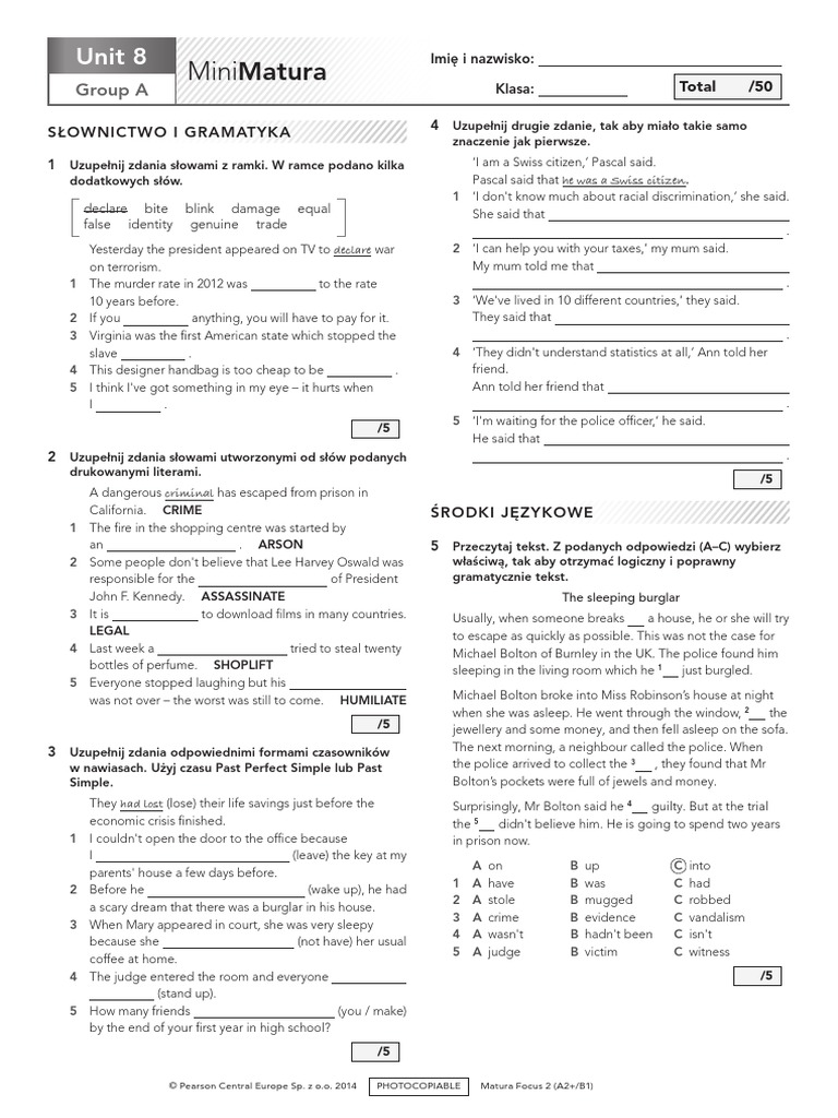 Mini Matura Unit 2 Focus 3 Odpowiedzi