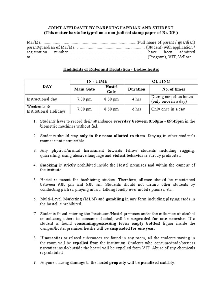 Ladies Hostel Affidavvit PDF Surety Justice