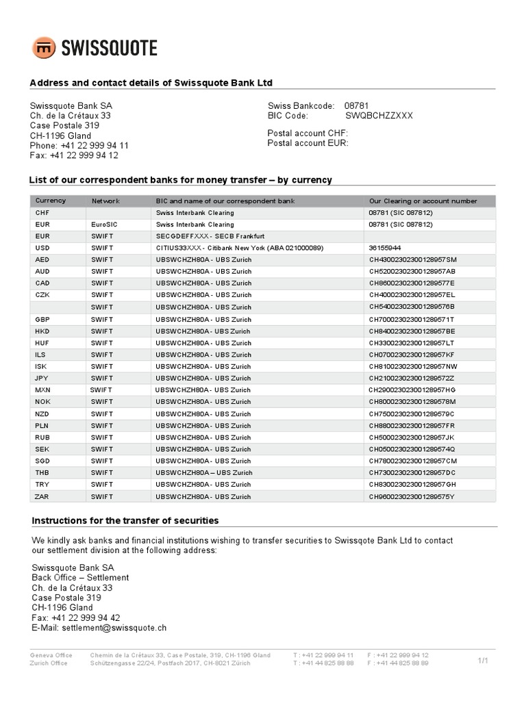 Address and Contact Details of Swissquote Bank LTD | PDF | Zürich ...