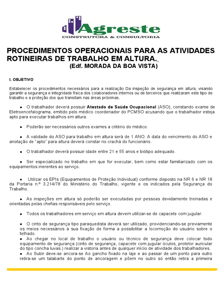 Procedimentos para TRABALHO EM ALTURA PDF