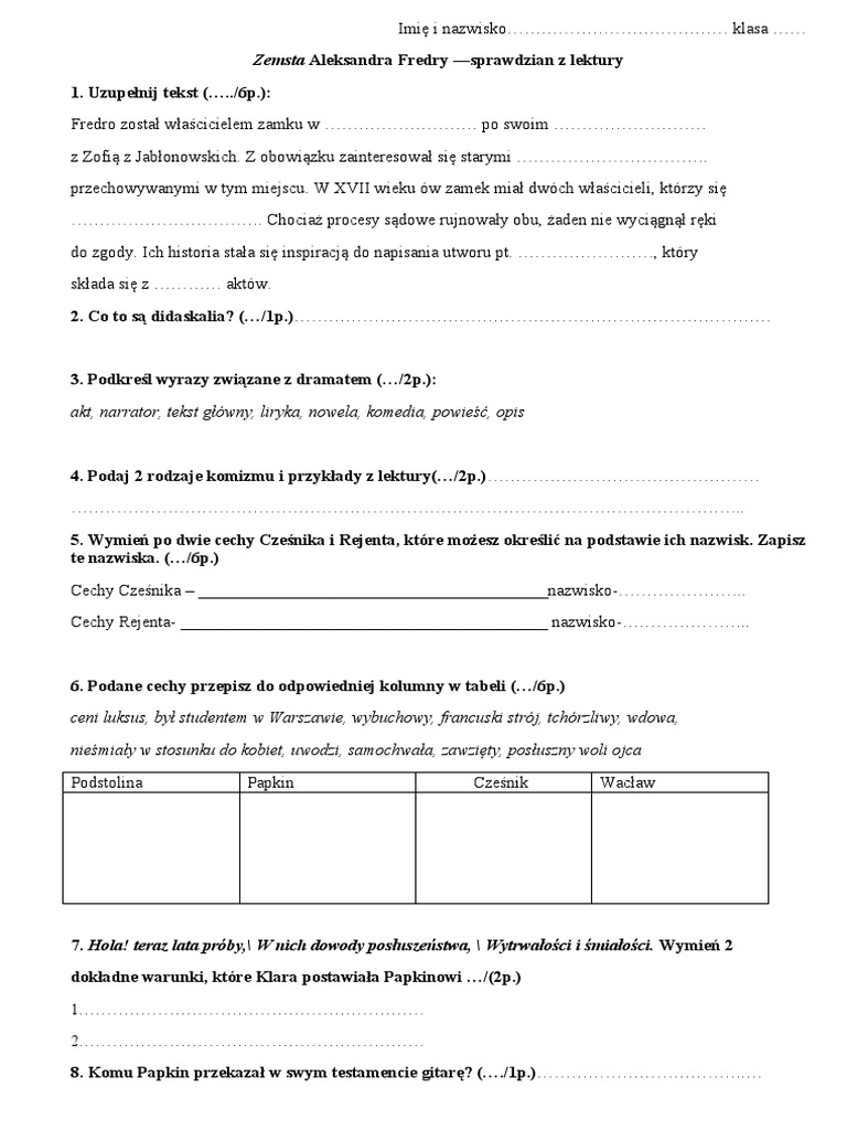 Zemsta Pytania I Odpowiedzi Na Sprawdzian Zemsta Sprawdzian KL 7 | PDF