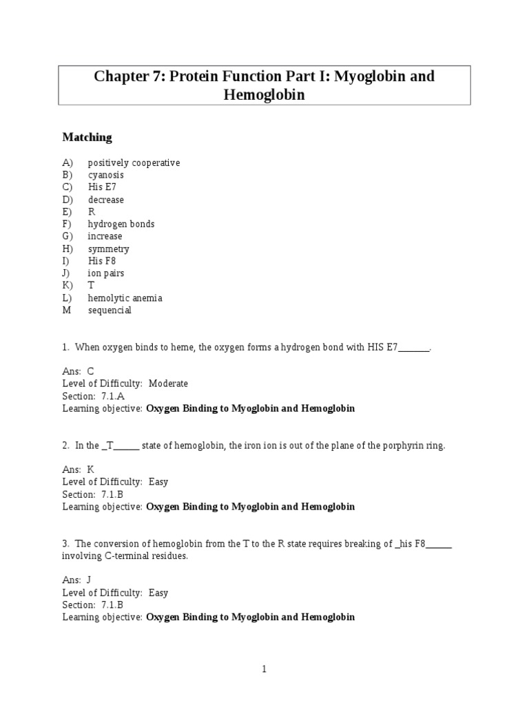 Myoglobin and Hemoglobin Functions | PDF | Actin | Hemoglobin