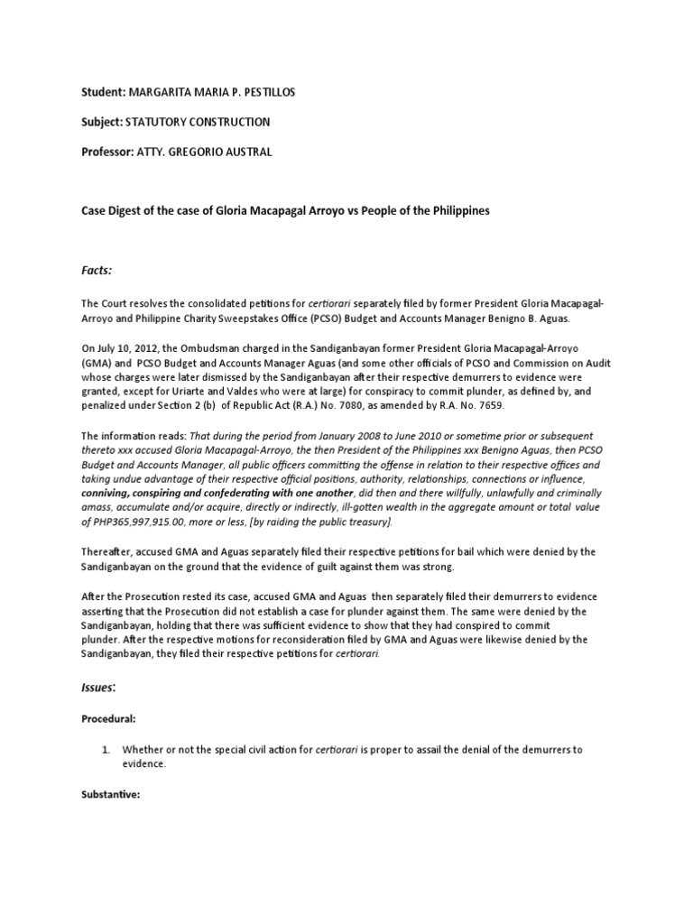 Case digest of the case of gloria macapagal arroyo and people of the