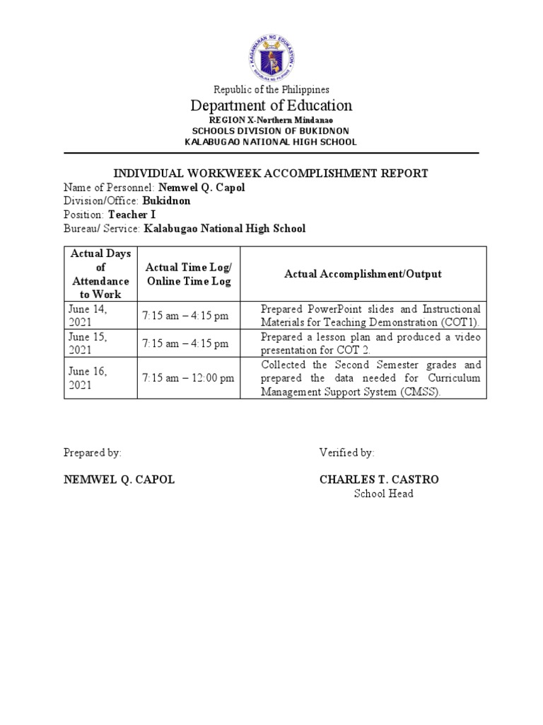 Teacher Workweek Accomplishment Report | PDF | Cognition | Teaching