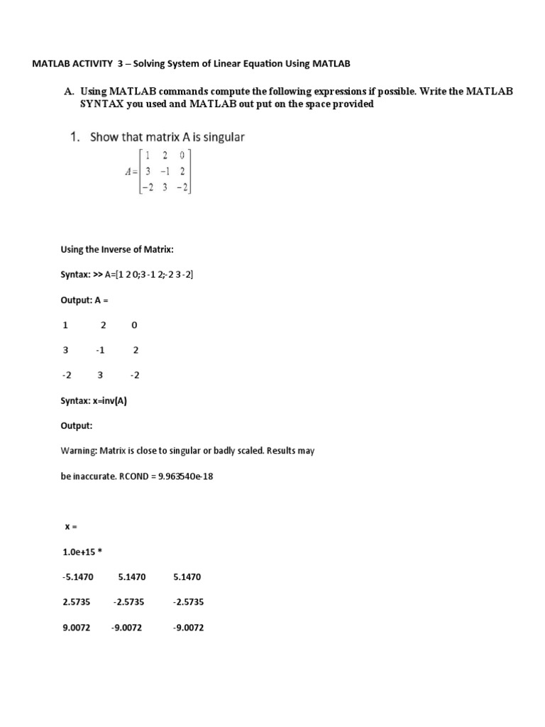 Using The Inverse of Matrix: Syntax: Output: A | PDF | Matlab | Matrix ...
