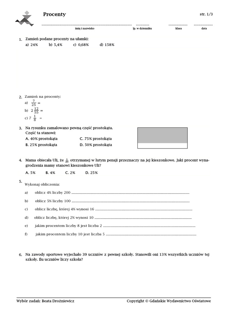 Sprawdzian Z Matematyki Klasa 6 Procenty