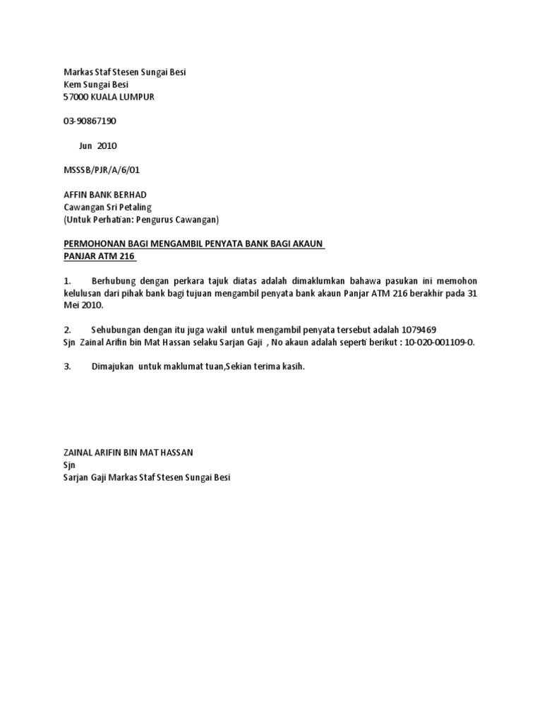 Format Surat Mementa Statment Bank Bagi Akaun Syarikat