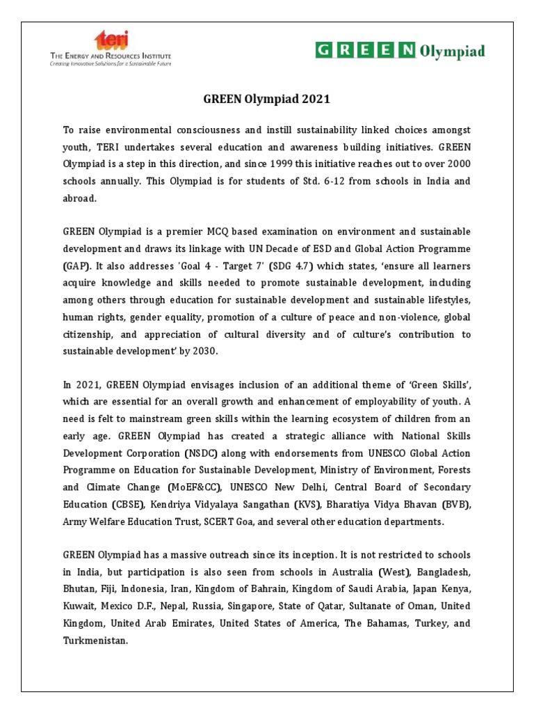 GREEN Olympiad - Background Note | PDF | Sustainability | Natural ...