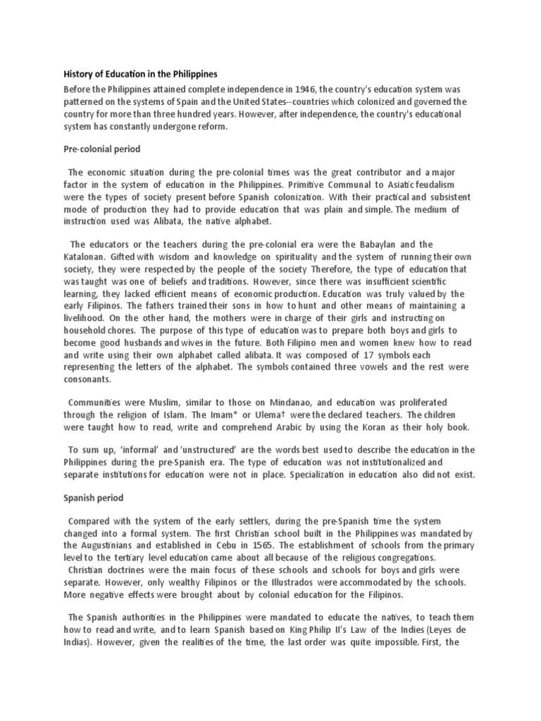 History Of The Philippines Educational Sytem1 PDF Schools Philippines