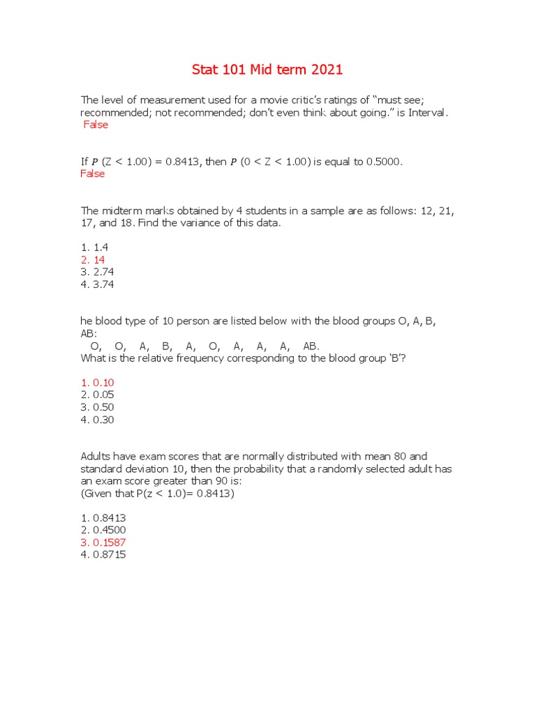 Stat 101 Mid Term 2021 Pdf Standard Deviation Mean