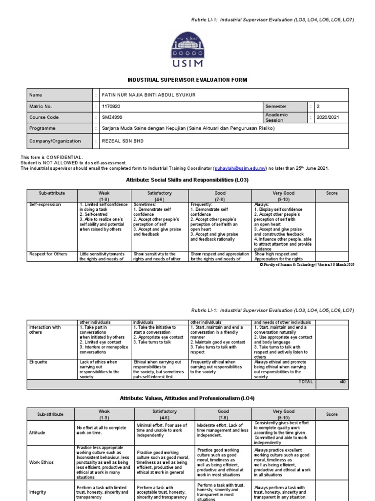 Rubric LI-1 - Industrial Supervisor Evaluation | PDF | Rubric (Academic ...