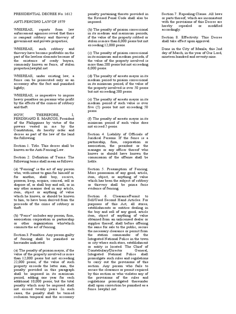 Anti Fencing Law PD1612 | PDF | Theft | Criminal Justice
