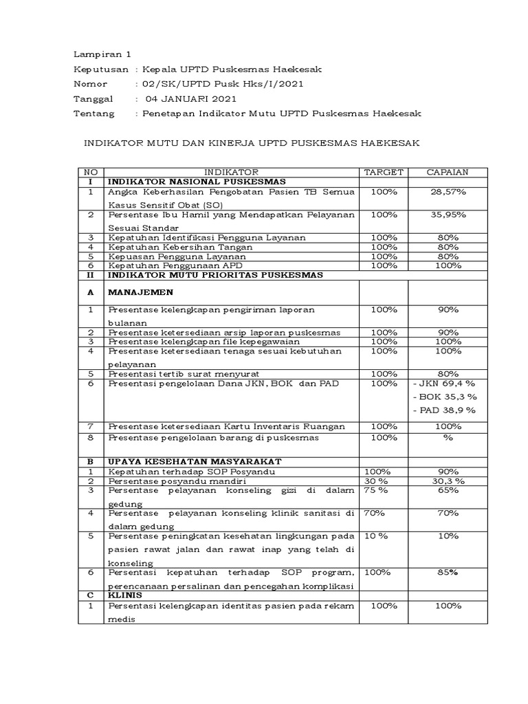 Indikator Mutu Puskesmas Haekesak | PDF