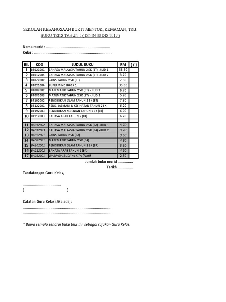 Senarai Buku Teks Tahun 2 2020 Pdf