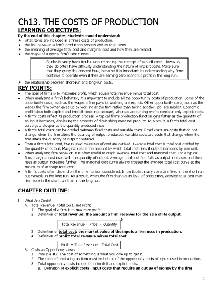 Review Lecture Notes Chapter 13 | PDF | Average Cost | Marginal Cost