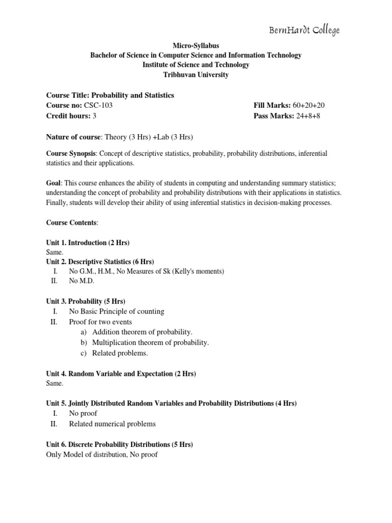 Probability and Statistics Syllabus | PDF | Statistics | Probability ...