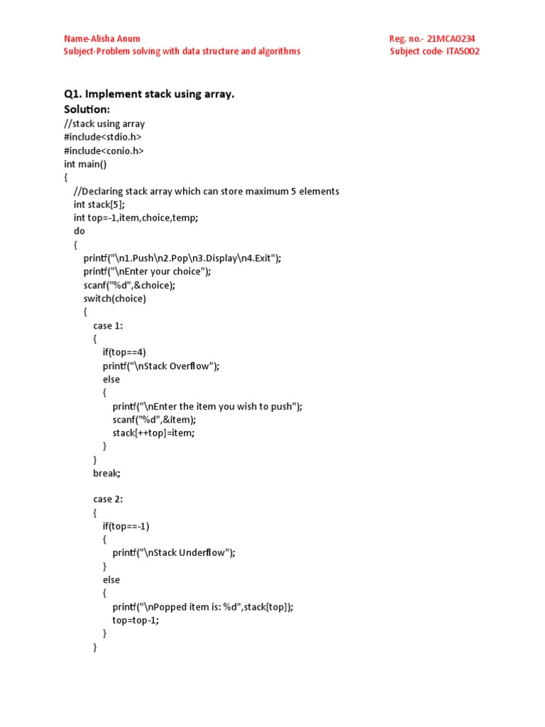 Q1. Implement Stack Using Array. Solution | PDF | Mathematics ...