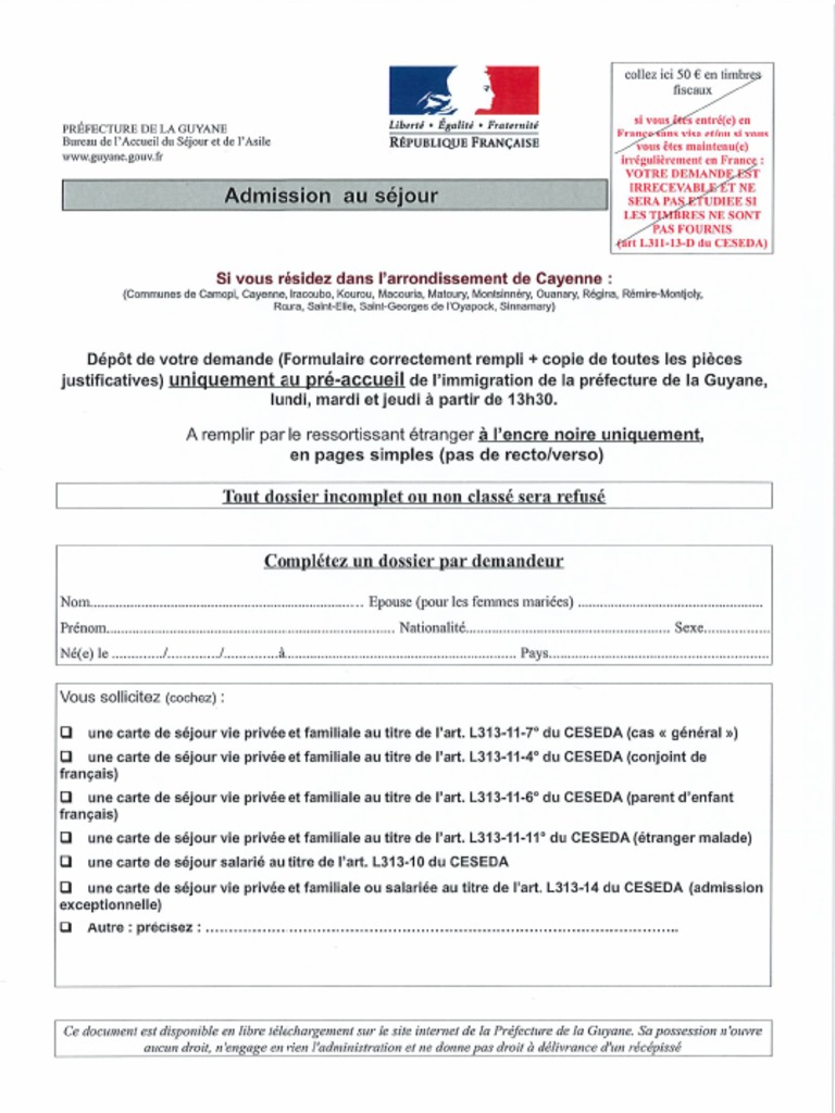 Formulaire Demande Admission Au Séjour PDF