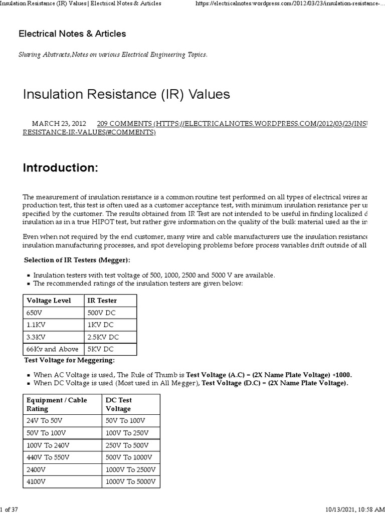 Insulation Resistance (IR) Values Electrical Notes & Articles PDF