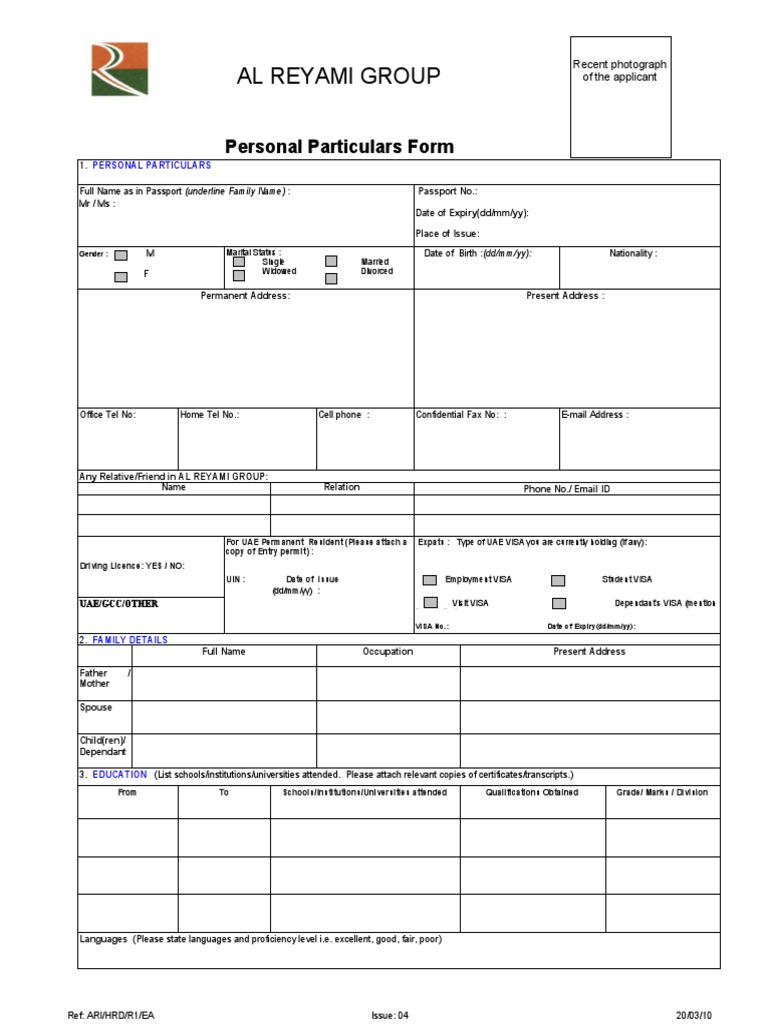 EMPLOYMENT Personal Particulars Form PDF Travel Visa Government And Personhood