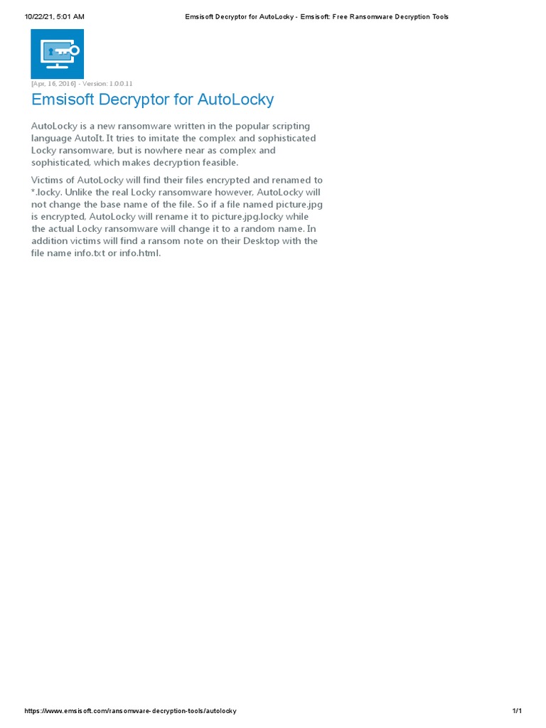 Emsisoft Decryptor For AutoLocky Emsisoft Free Ransomware