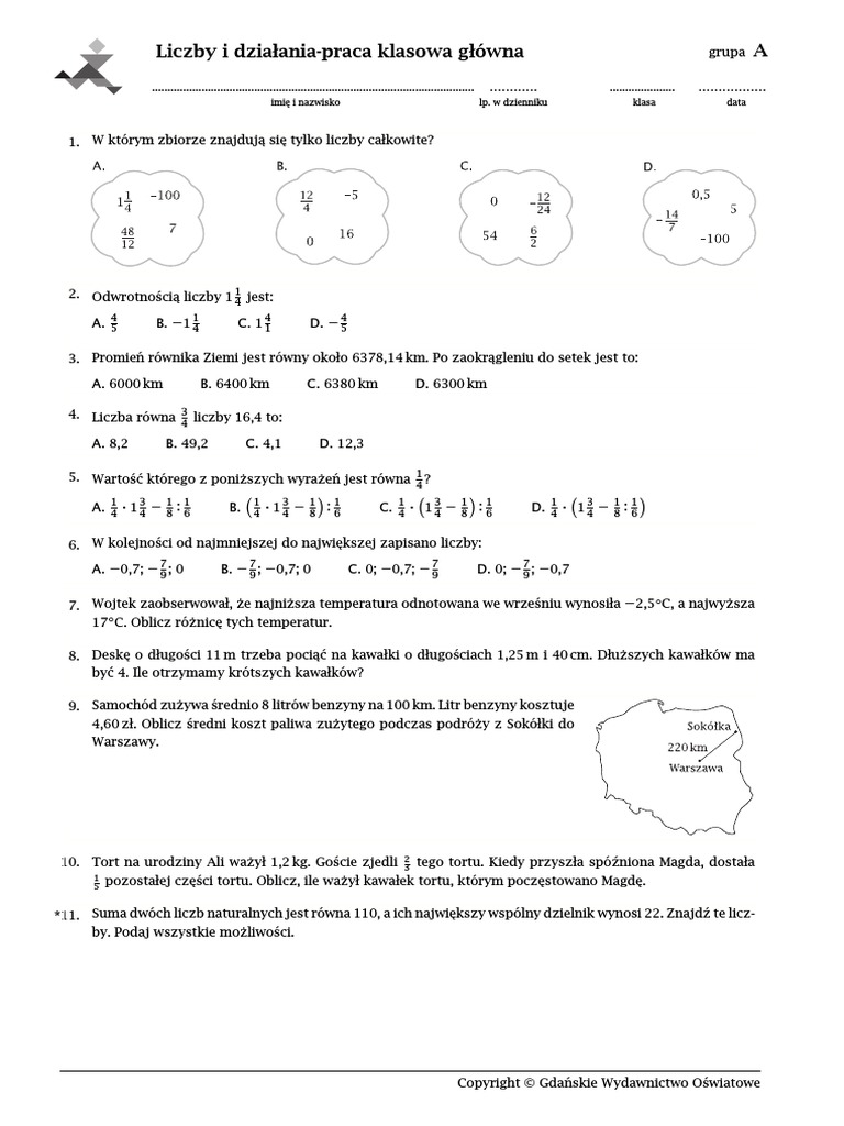 Sprawdzian Z Matematyki Klasa 7 Liczby I Działania Gwo Liczby I Działania-Praca Klasowa Główna | PDF