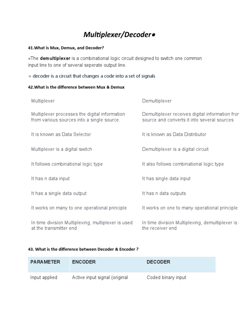 Multiplexer/Decoder: 41.what Is Mux, Demux, and Decoder? | PDF ...