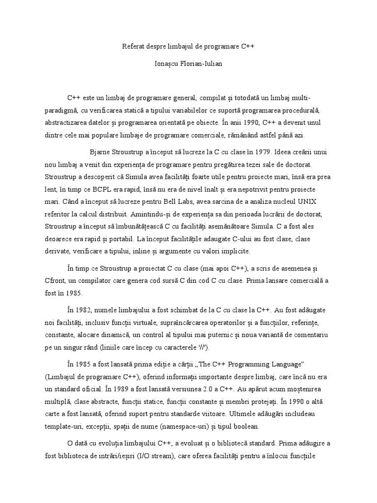 Referat Despre Limbajul de Programare C++ | PDF
