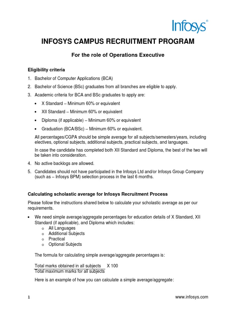 Infosys Campus Recruitment Program Eligibility Criteria For BCA 