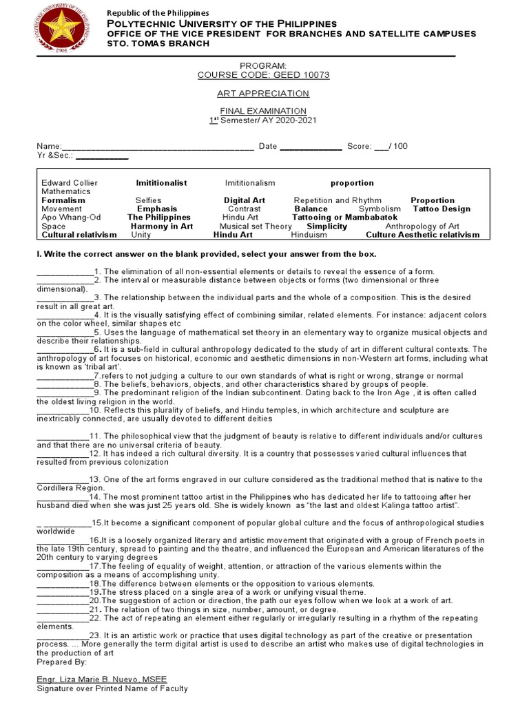 Art Appreciation Final Exam Guide | PDF | Aesthetics | Metaphysics Of Mind