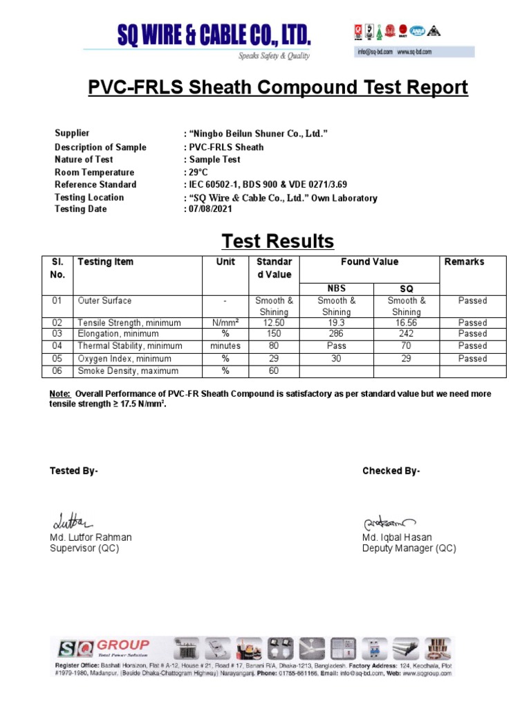 PVC-FRLS Sheath Compound Test Results | PDF