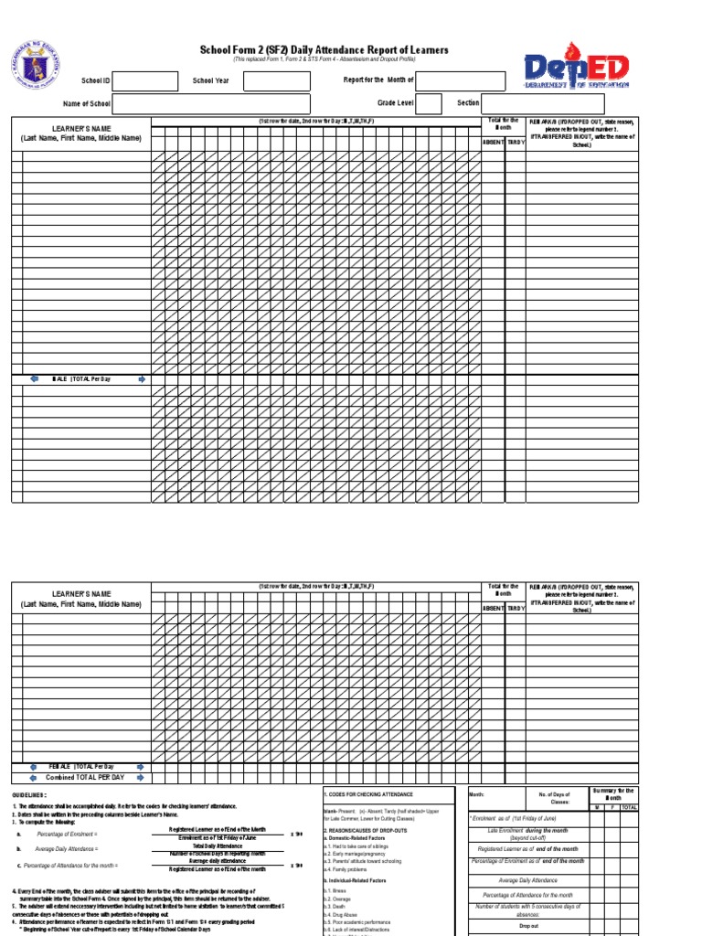 SF2 Daily Attendance Report Template | PDF